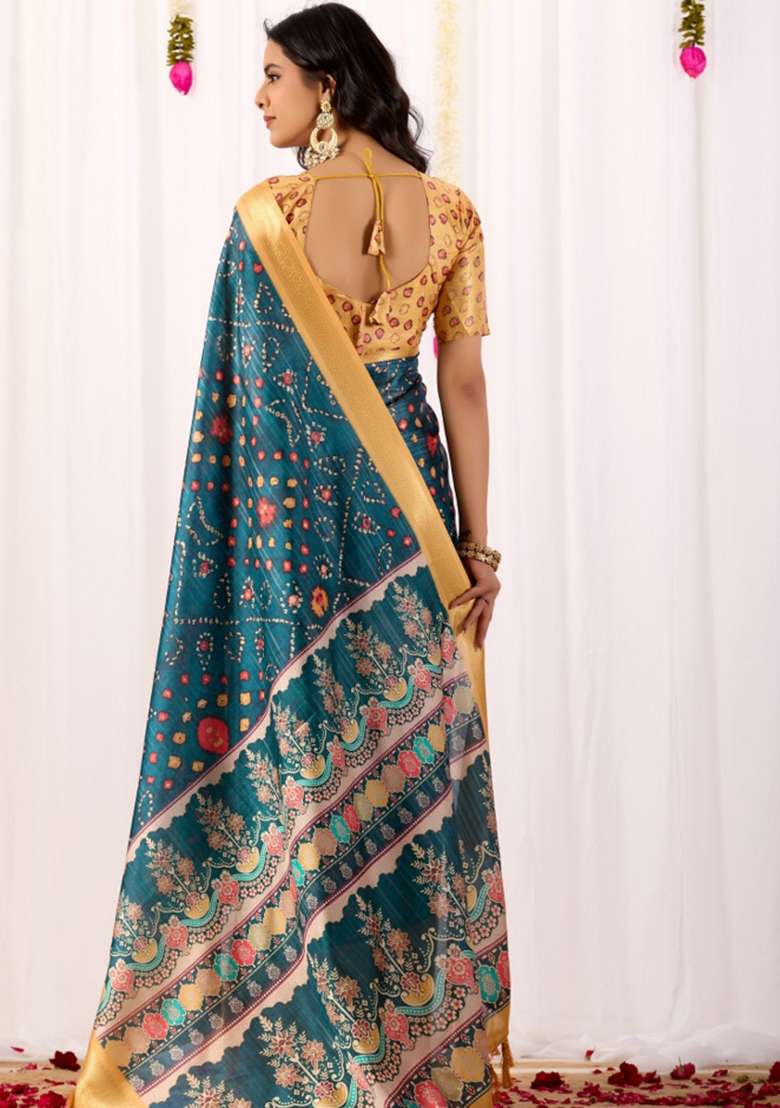 Teal Silk Blend Saree Set with Printed for Diwali | Wedding & Festive Wear - Indya