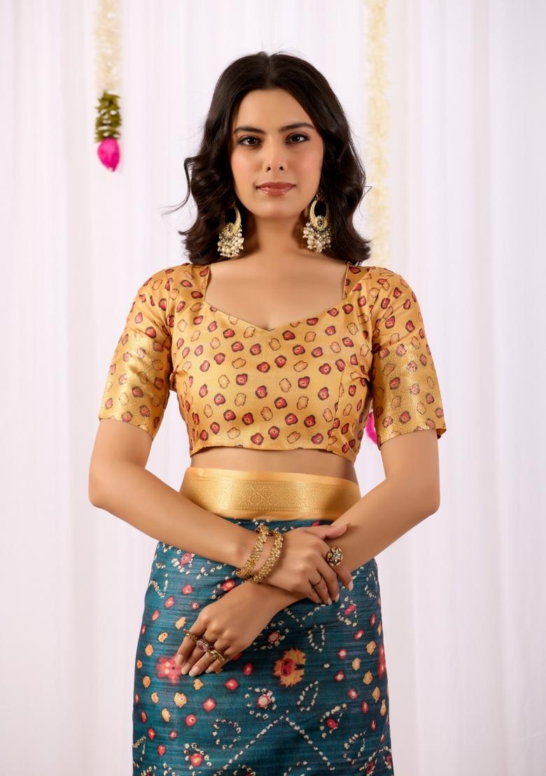 Teal Printed Silk Saree Set - Indya