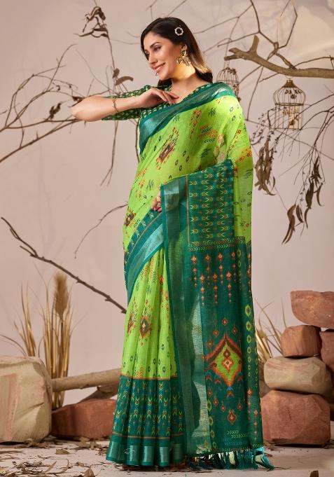 Green Printed Cotton Saree Set