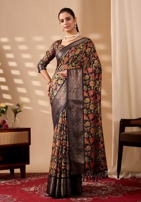 Black Floral Print Silk Saree Set