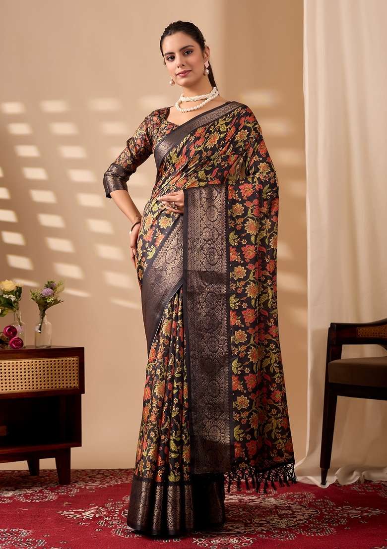 Black Floral Print Silk Blend Saree Set for Diwali and Festive Wear - Indya