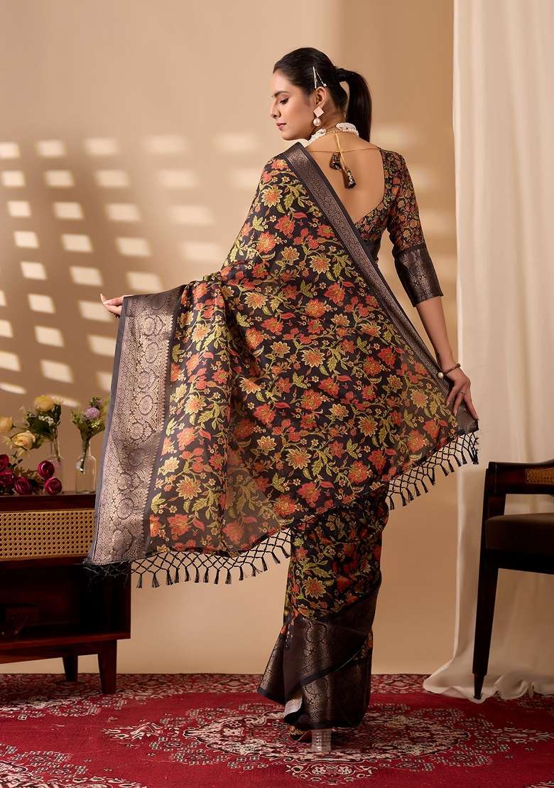 Black Floral Print Silk Blend Saree Set for Diwali and Festive Wear - Indya