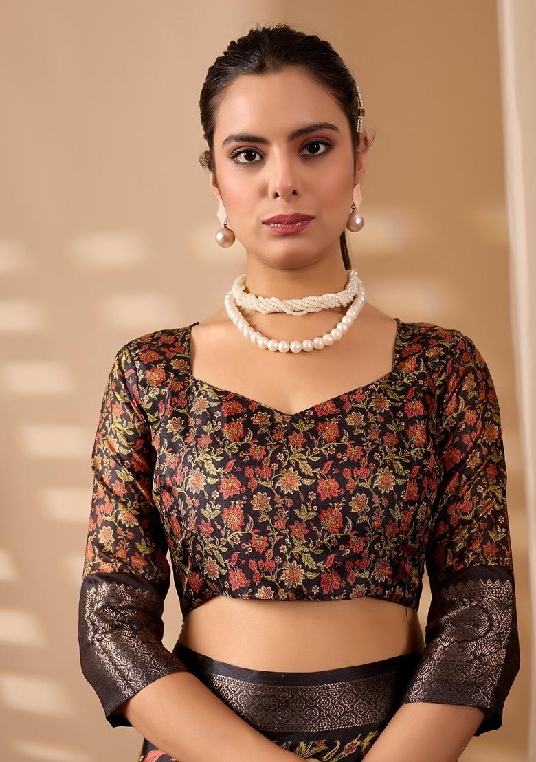 Black Floral Print Silk Saree Set - Indya