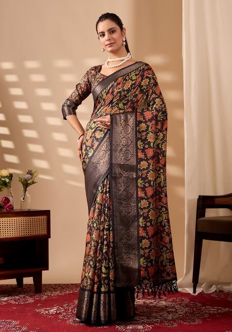 Black Floral Print Silk Saree Set