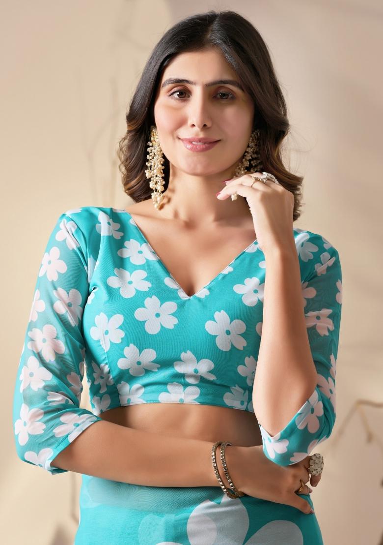 Aqua Blue Floral Print Georgette Saree Set - Indya