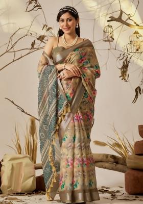 Beige Floral Print Cotton Saree Set