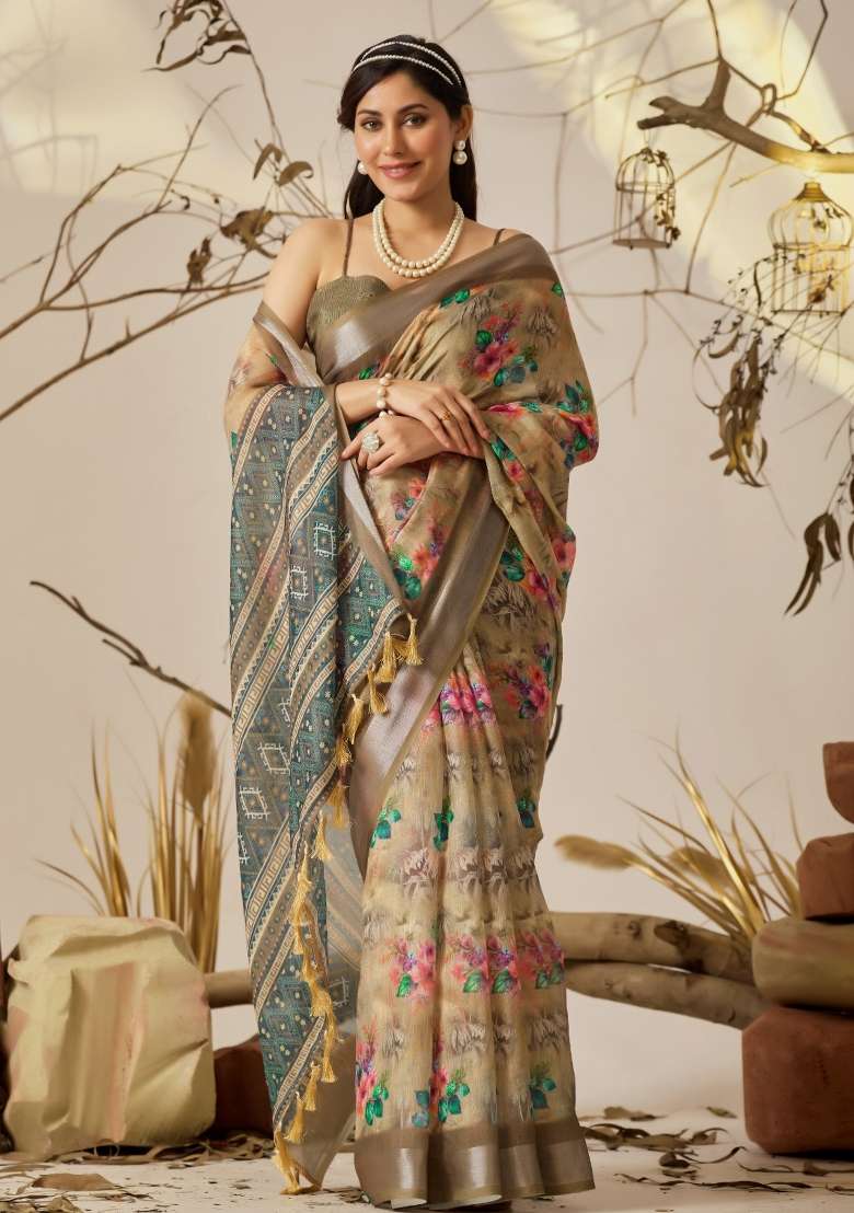 Beige Floral Print Cotton Saree Set for Diwali and Festive Wear - Indya