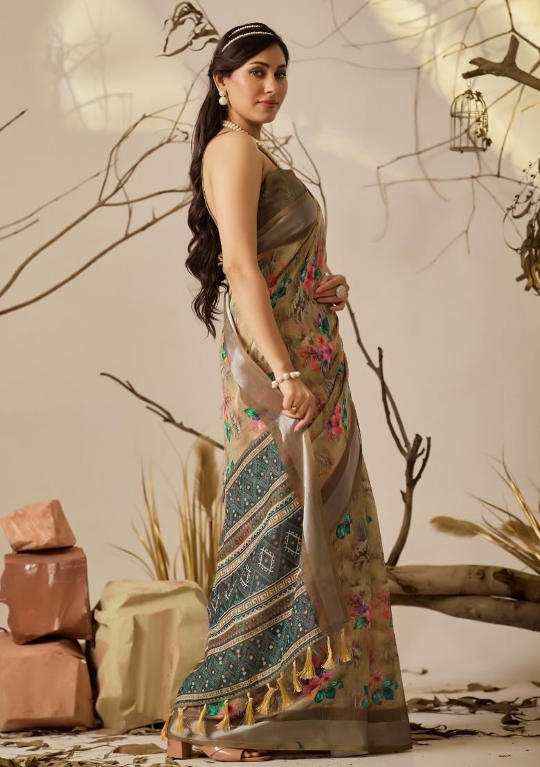 Beige Floral Print Cotton Saree Set - Indya