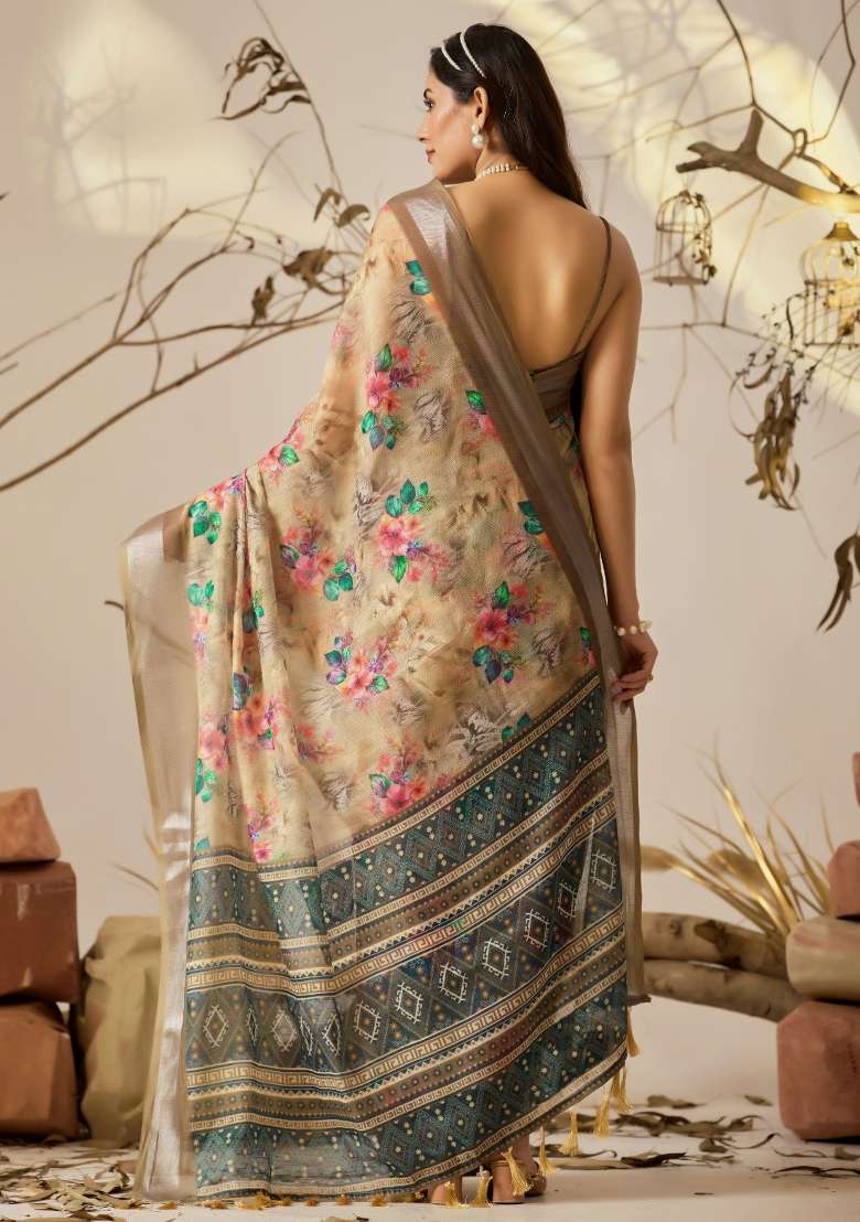 Beige Floral Print Cotton Saree Set for Diwali and Festive Wear - Indya