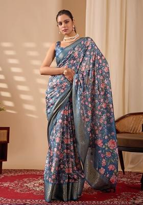 Blue Floral Print Silk Saree Set