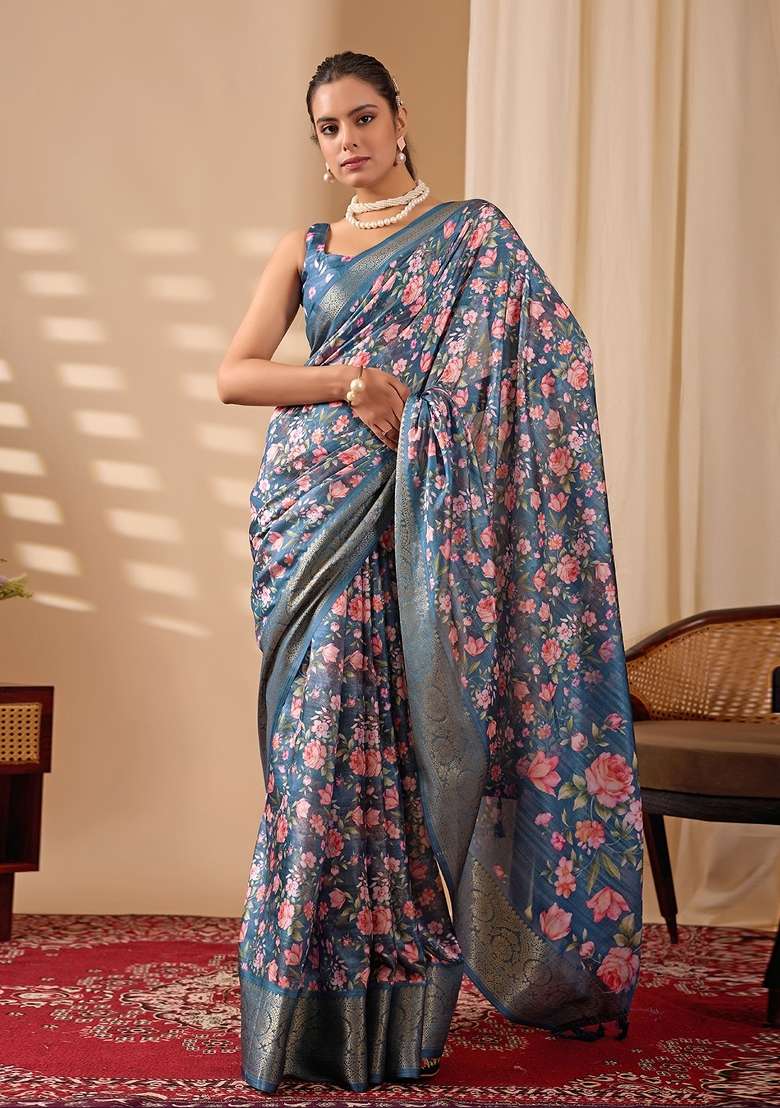 Blue Silk Blend Saree Set with Floral Print for Diwali | Wedding & Festive Wear - Indya