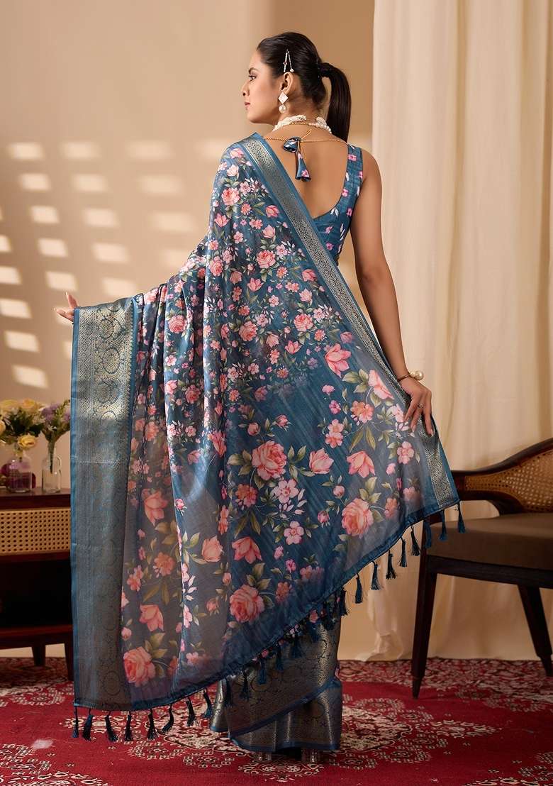 Blue Silk Blend Saree Set with Floral Print for Diwali | Wedding & Festive Wear - Indya