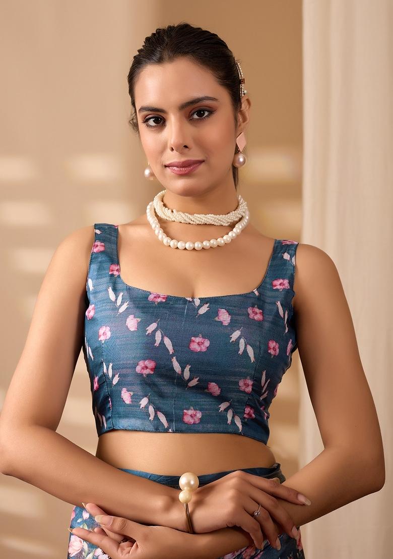 Blue Floral Print Silk Saree Set - Indya