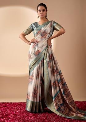 Off White Printed Silk Saree Set