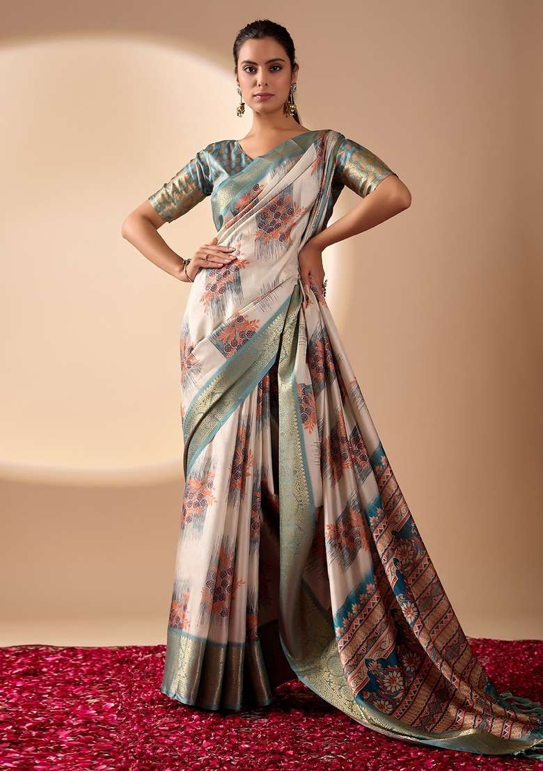 Off White Silk Blend Saree Set with Printed for Diwali | Wedding & Festive Wear - Indya