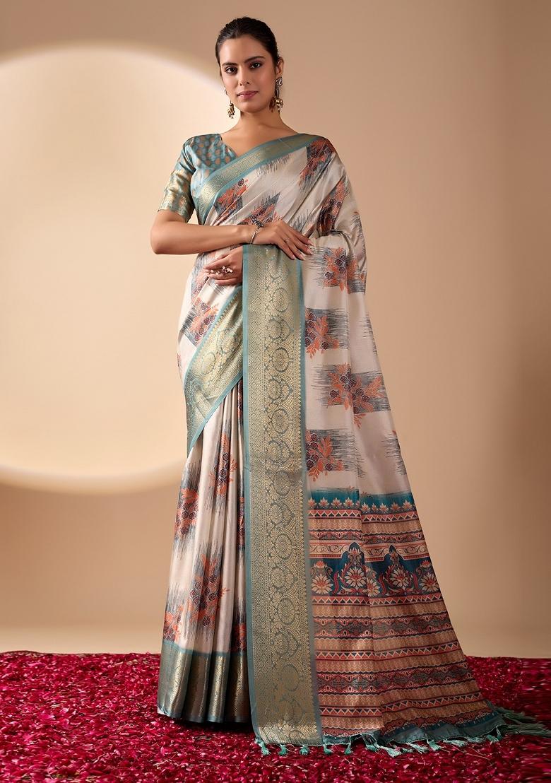 Off White Printed Silk Saree Set - Indya