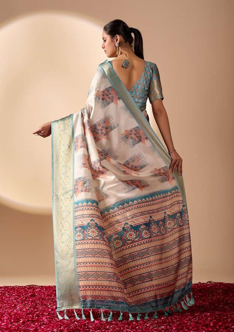 Off White Silk Blend Saree Set with Printed for Diwali | Wedding & Festive Wear - Indya