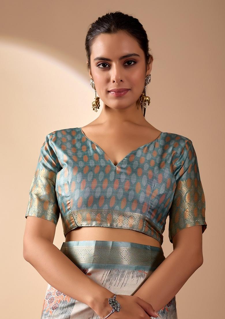 Off White Printed Silk Saree Set - Indya