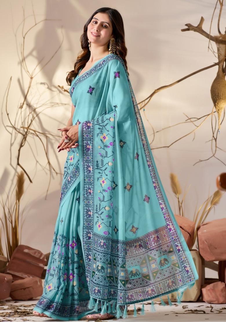 Light Blue Floral Print Georgette Saree Set - Indya