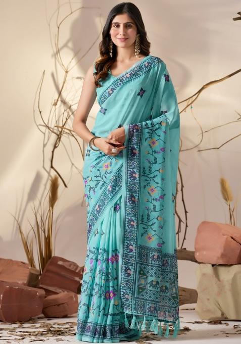 Light Blue Floral Print Georgette Saree Set