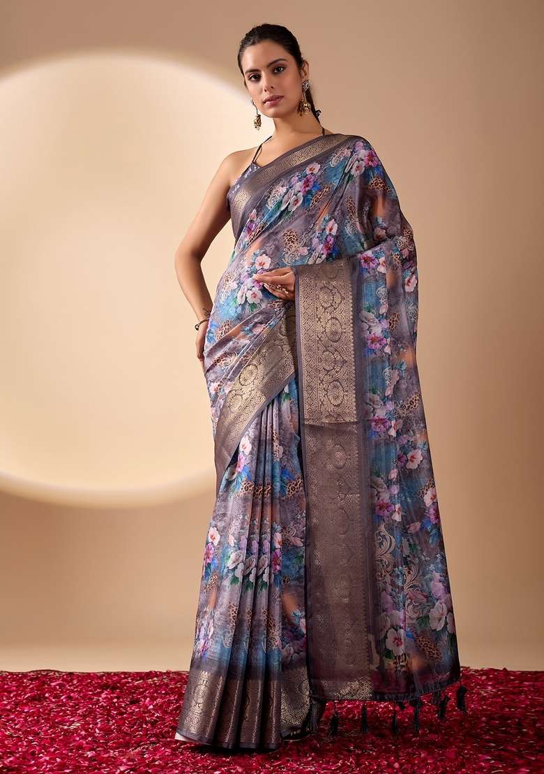 Multicolor Silk Blend Saree Set with Floral Print for Diwali | Wedding & Festive Wear - Indya
