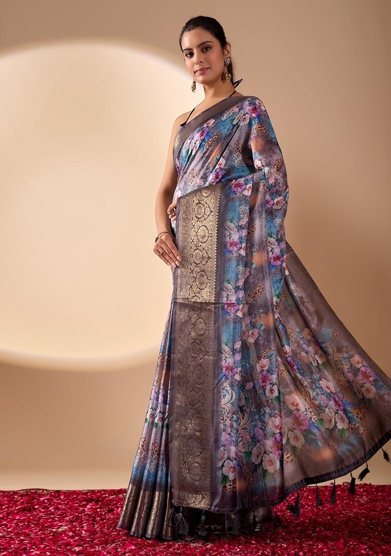 Multicolor Floral Print Silk Saree Set - Indya