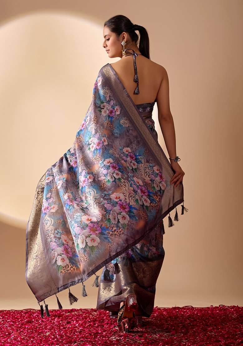 Multicolor Silk Blend Saree Set with Floral Print for Diwali | Wedding & Festive Wear - Indya