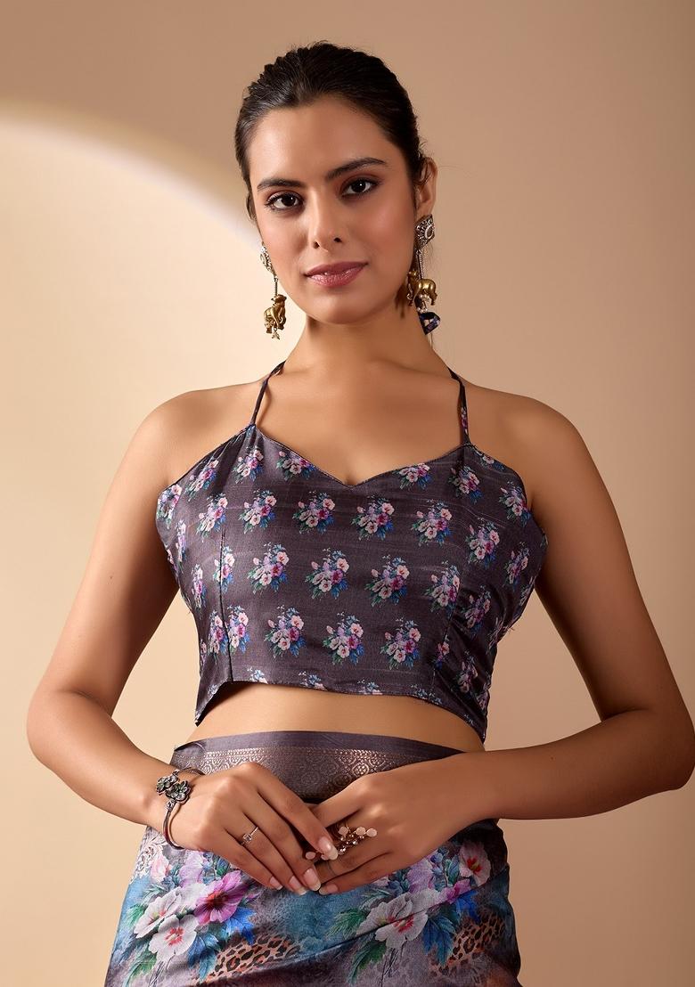 Multicolor Floral Print Silk Saree Set - Indya