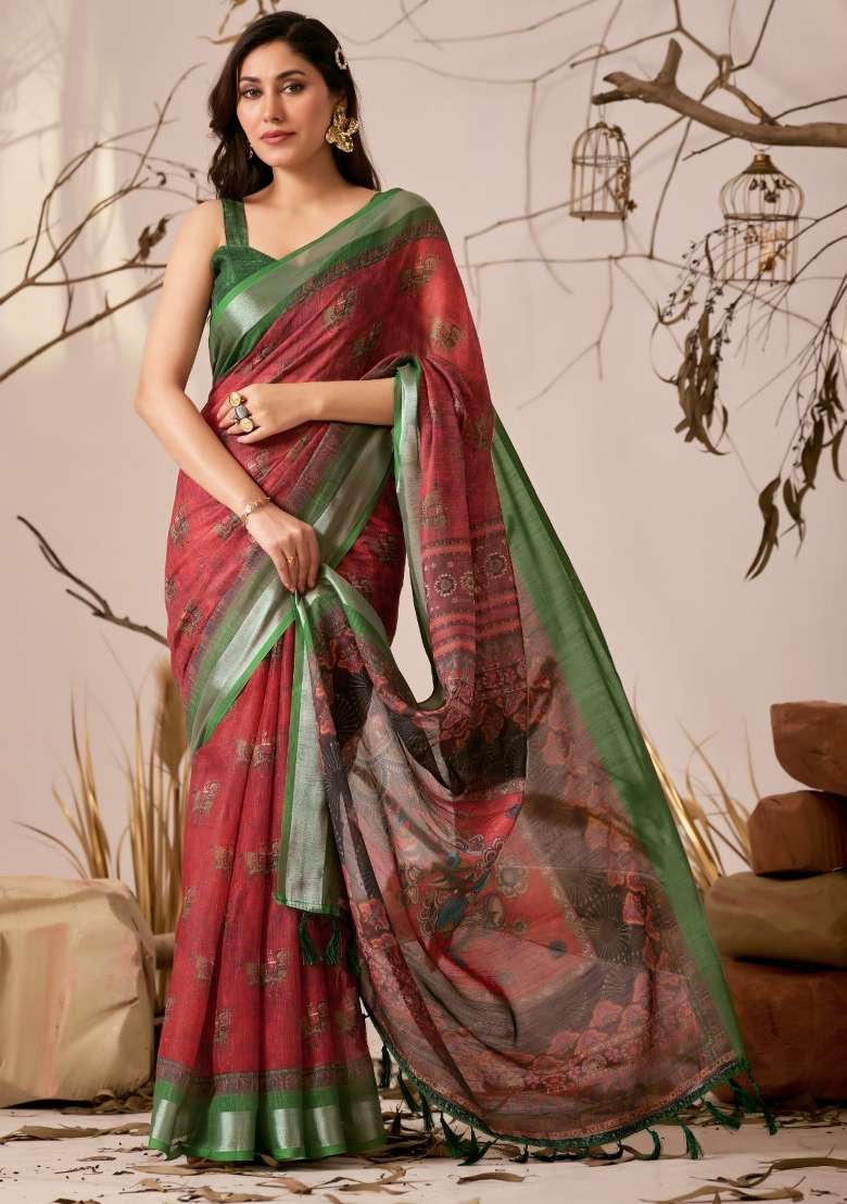 Red Printed Cotton Saree Set for Diwali and Festive Wear - Indya