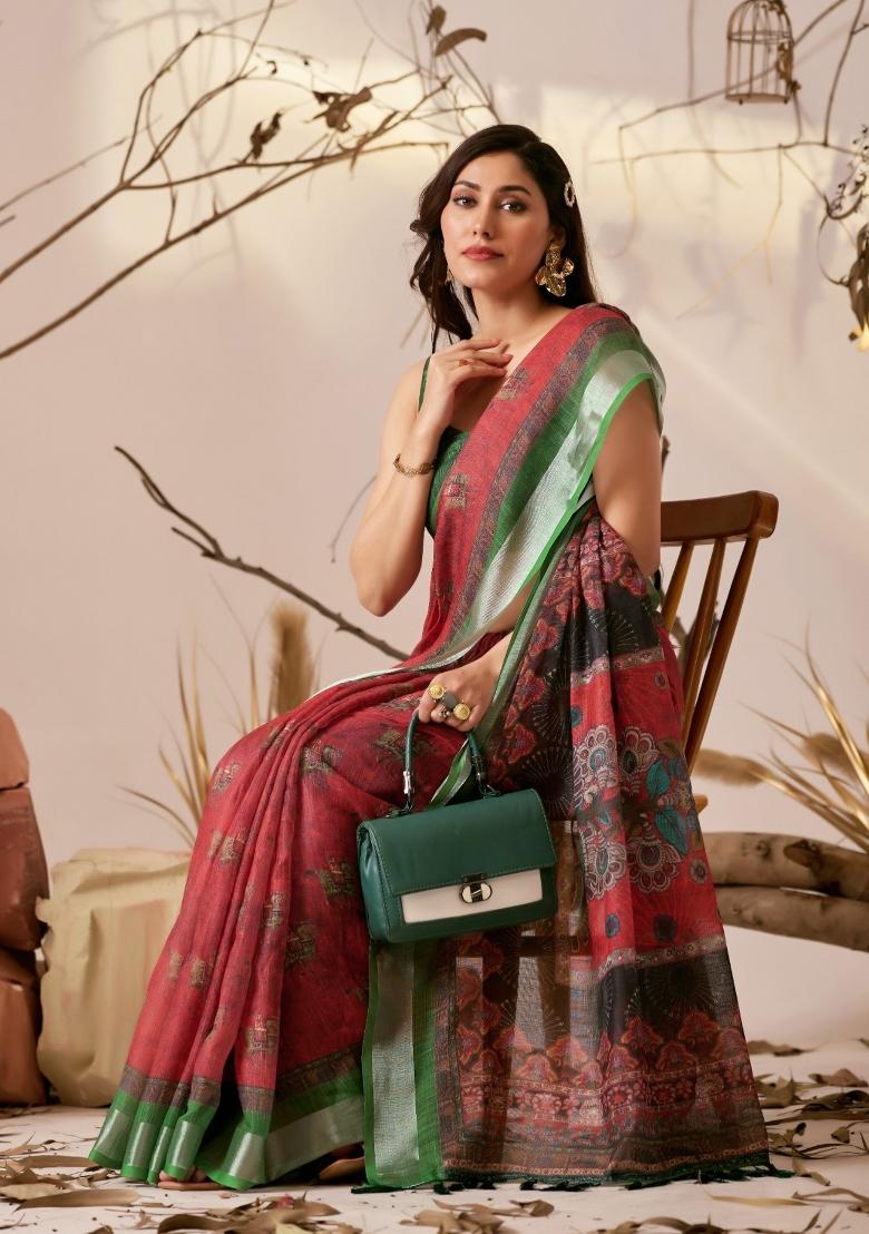 Red Printed Cotton Saree Set - Indya