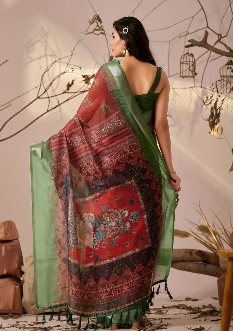 Red Printed Cotton Saree Set for Diwali and Festive Wear - Indya
