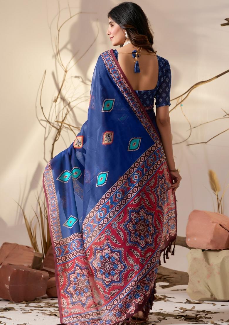Blue Geometric Print Georgette Saree Set - Indya