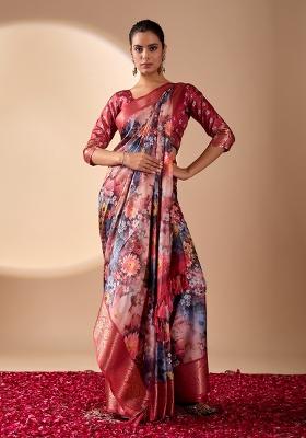 Multicolor Floral Print Silk Saree Set