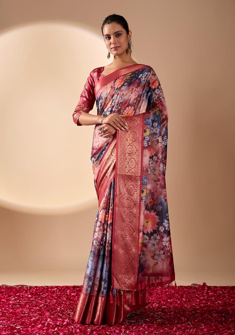 Multicolor Floral Print Silk Saree Set - Indya