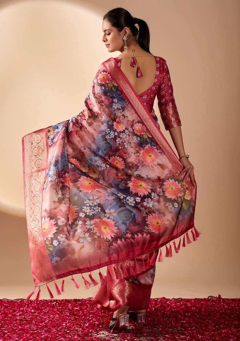 Multicolor Floral Print Silk Blend Saree Set for Diwali and Festive Wear - Indya