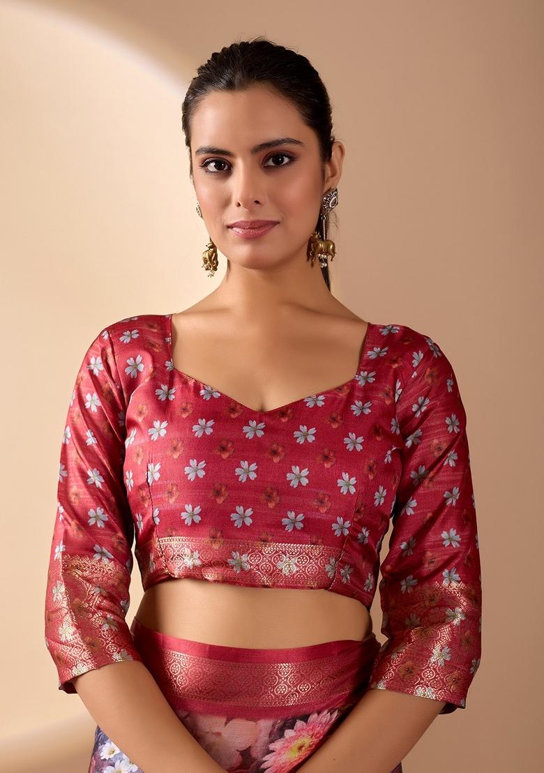 Multicolor Floral Print Silk Saree Set - Indya