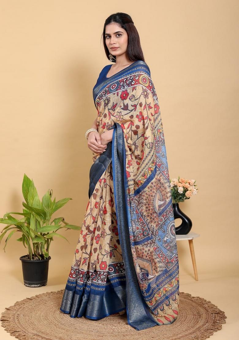 Cream Floral Print Cotton Saree Set - Indya
