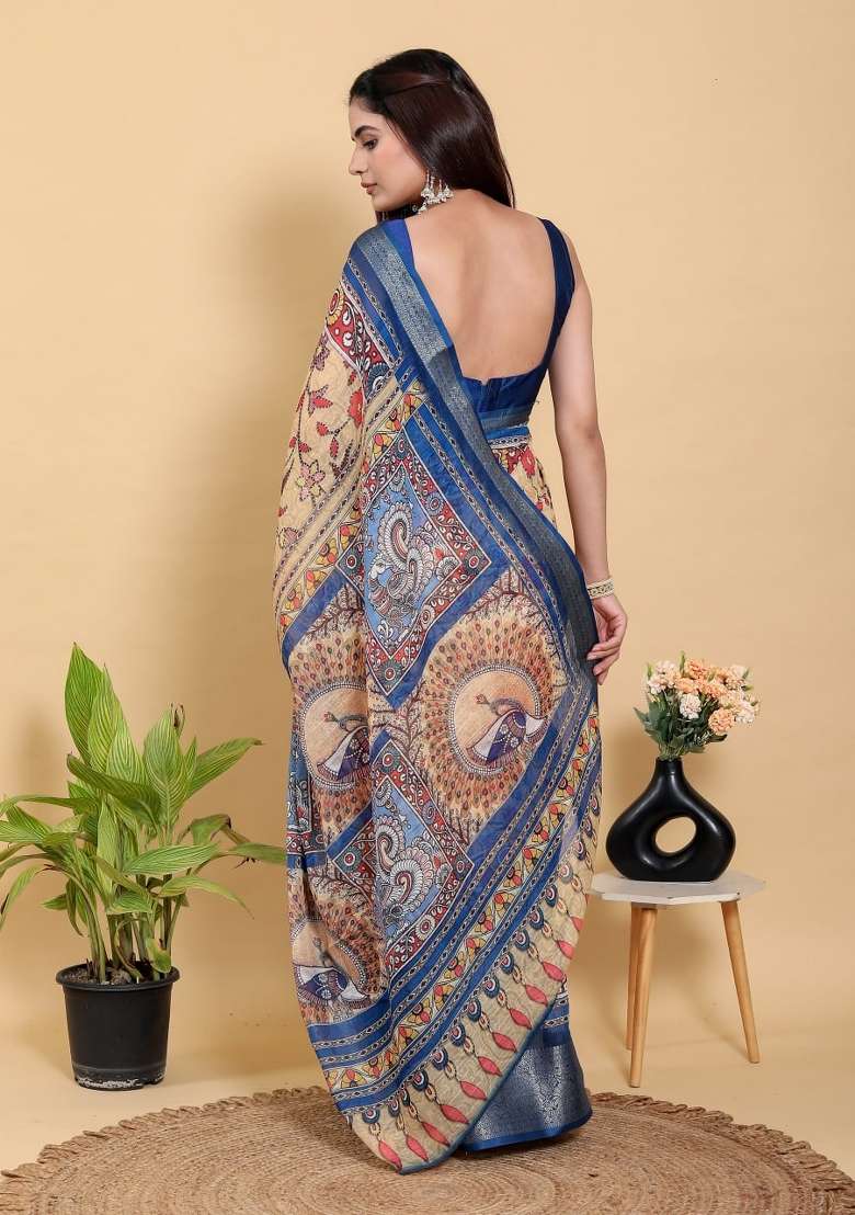 Cream Floral Print Cotton Saree Set for Diwali and Festive Wear - Indya