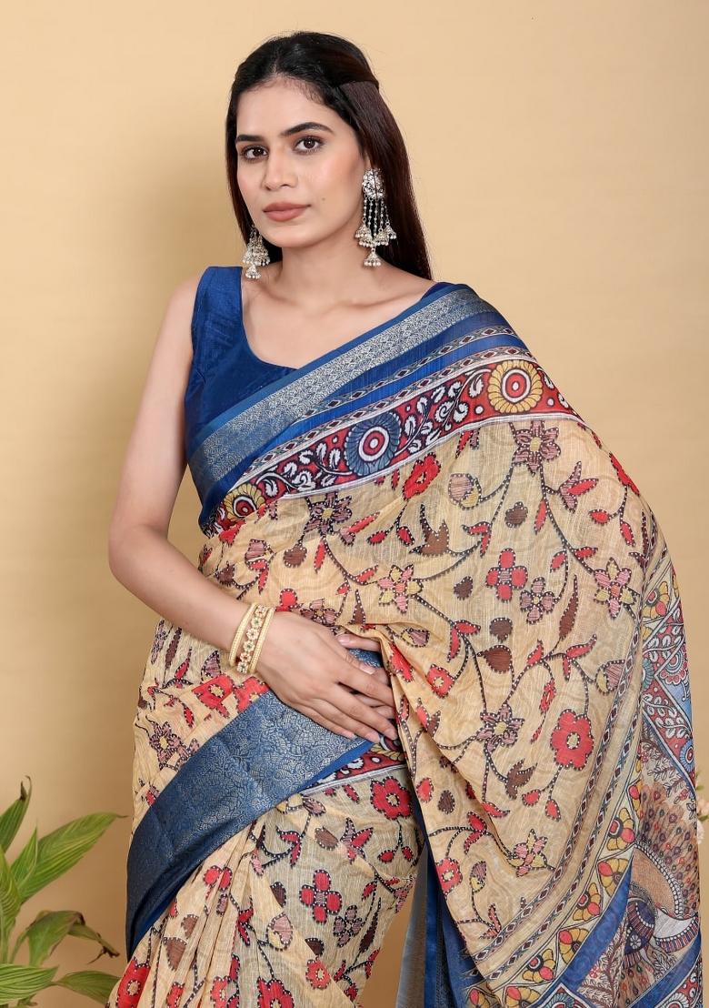Cream Floral Print Cotton Saree Set - Indya