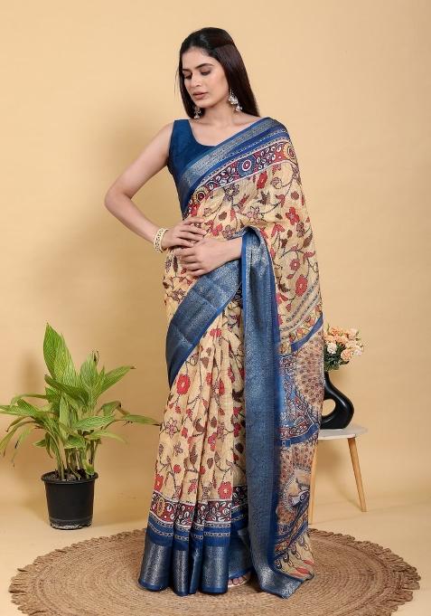 Cream Floral Print Cotton Saree Set