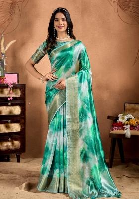 Green Printed Silk Saree Set