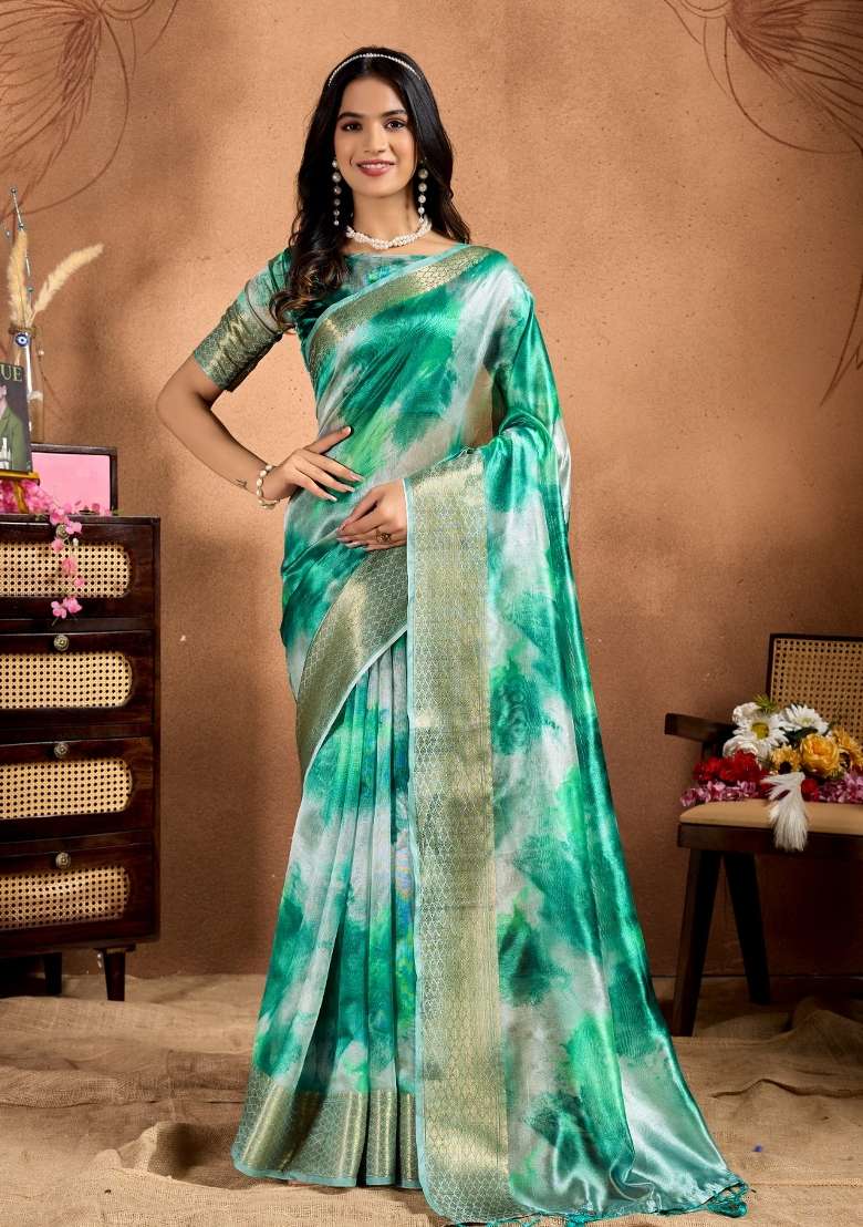 Green Printed Silk Blend Saree Set for Diwali and Festive Wear - Indya
