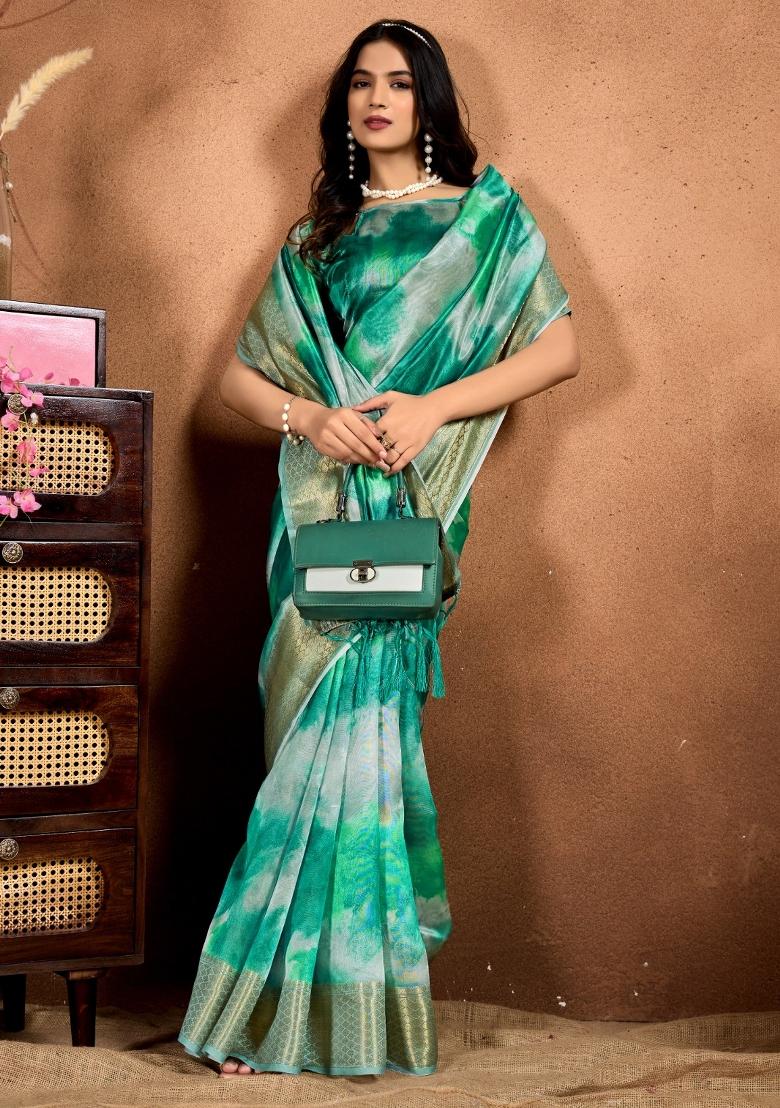 Green Printed Silk Saree Set - Indya