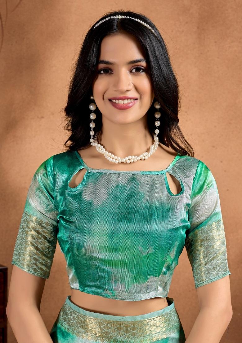 Green Printed Silk Saree Set - Indya