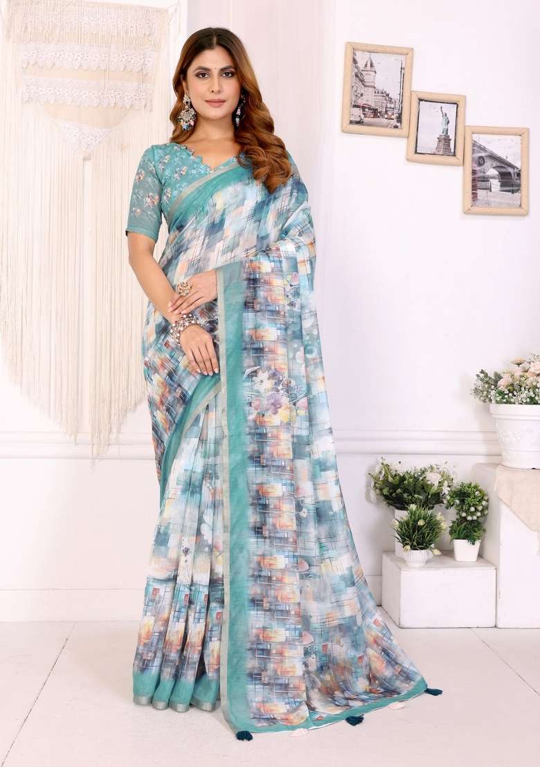 White Chanderi Saree Set with Abstract Print for Diwali | Wedding & Festive Wear - Indya