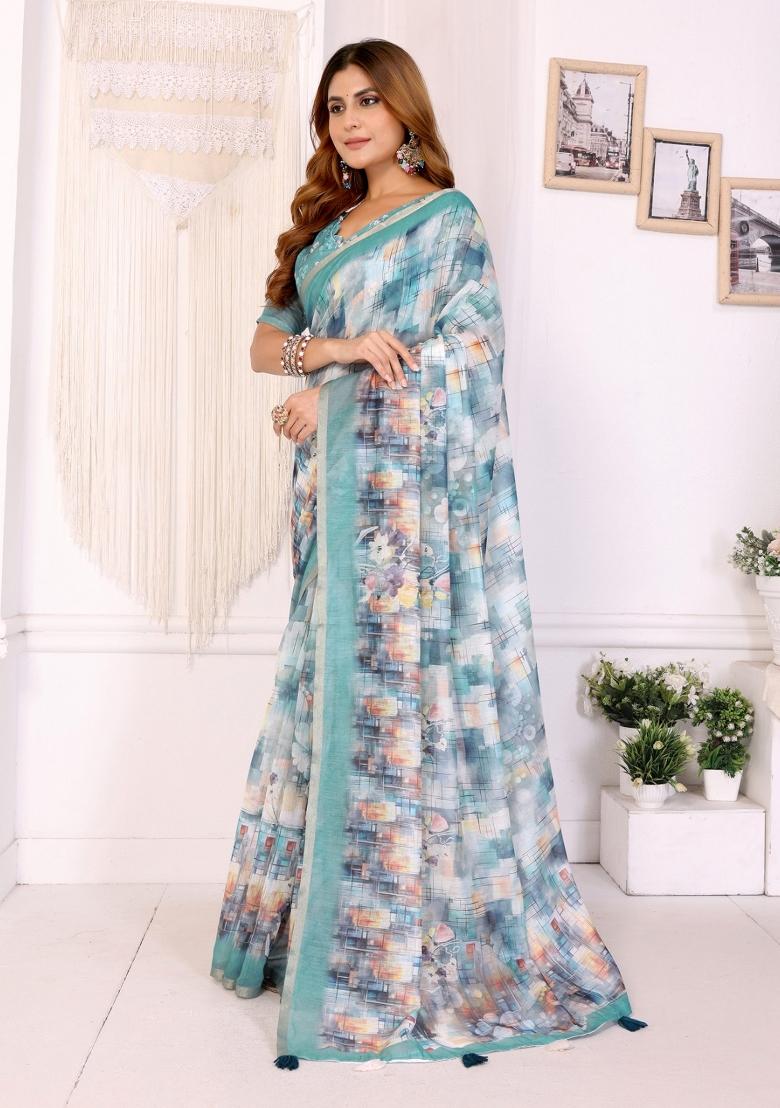 White Abstract Print Chanderi Saree Set - Indya