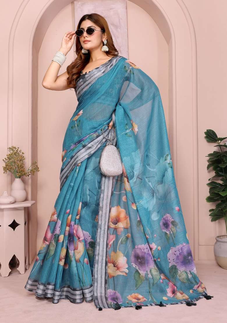 Blue Floral Print Cotton Saree Set for Diwali and Festive Wear - Indya