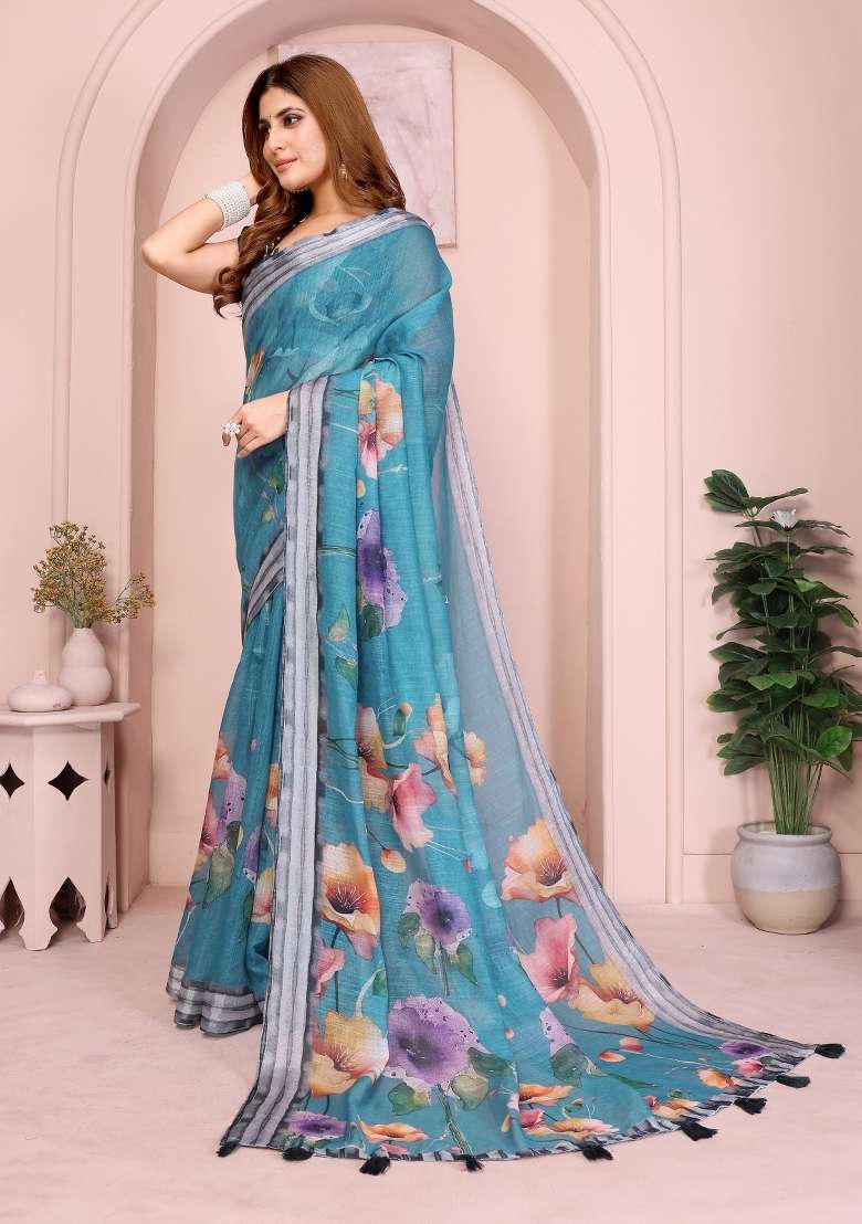 Blue Floral Print Cotton Saree Set for Diwali and Festive Wear - Indya