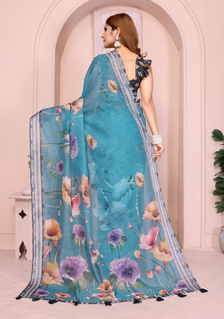 Blue Floral Print Cotton Saree Set - Indya