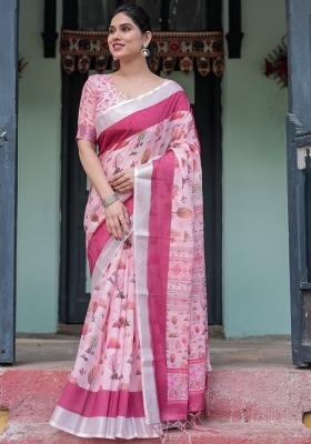 Pink Leaf Print Cotton Saree Set